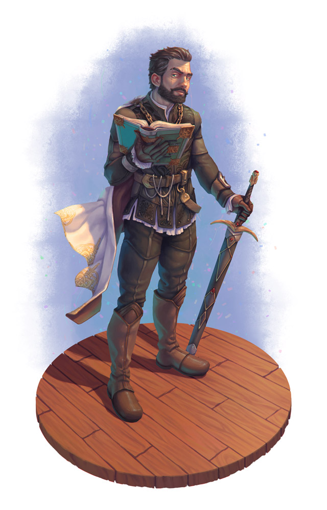 a vignette of Andel Sommer, who stands wearing his duke's finery, holding a sword in one hand and a heavy tome in another