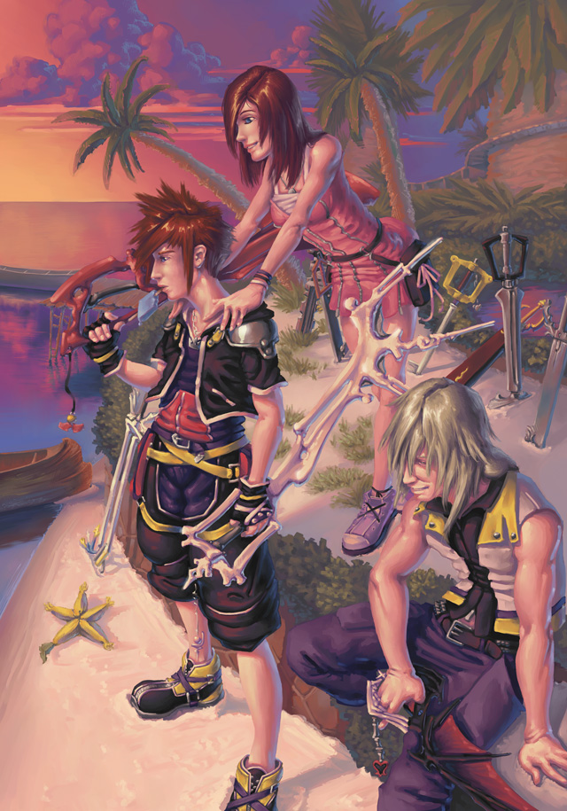 Sora, Riku, and Kairi stand on a sandy beach on Destiny Island