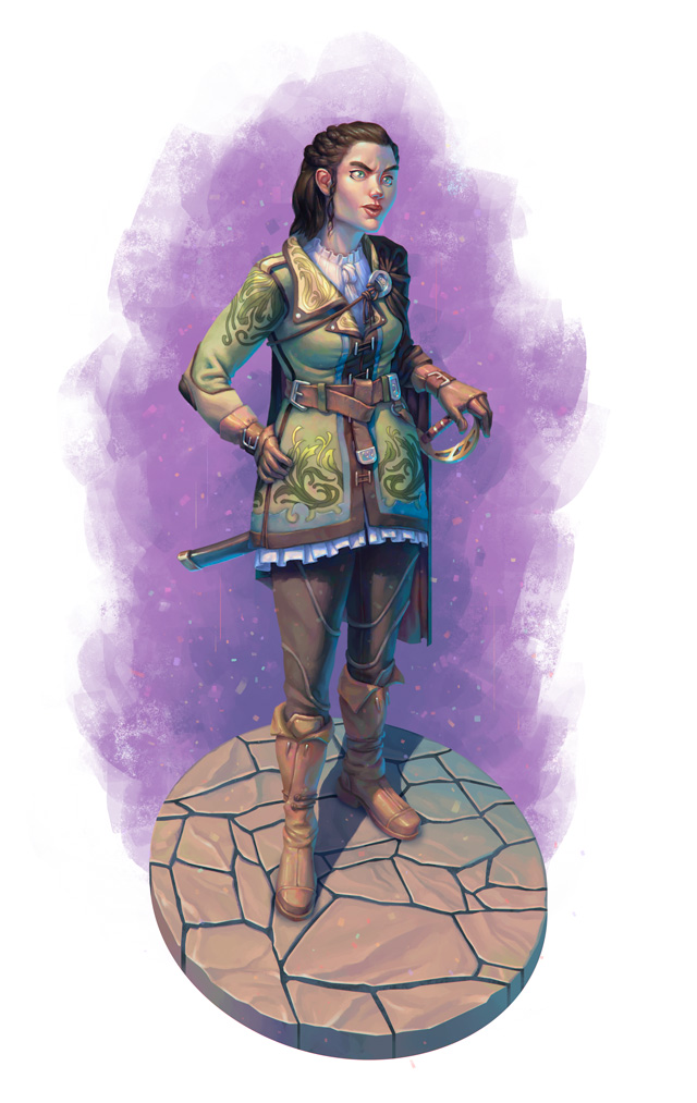 Talis stands with an amused expression, her hand resting on the saber mounted to her belt