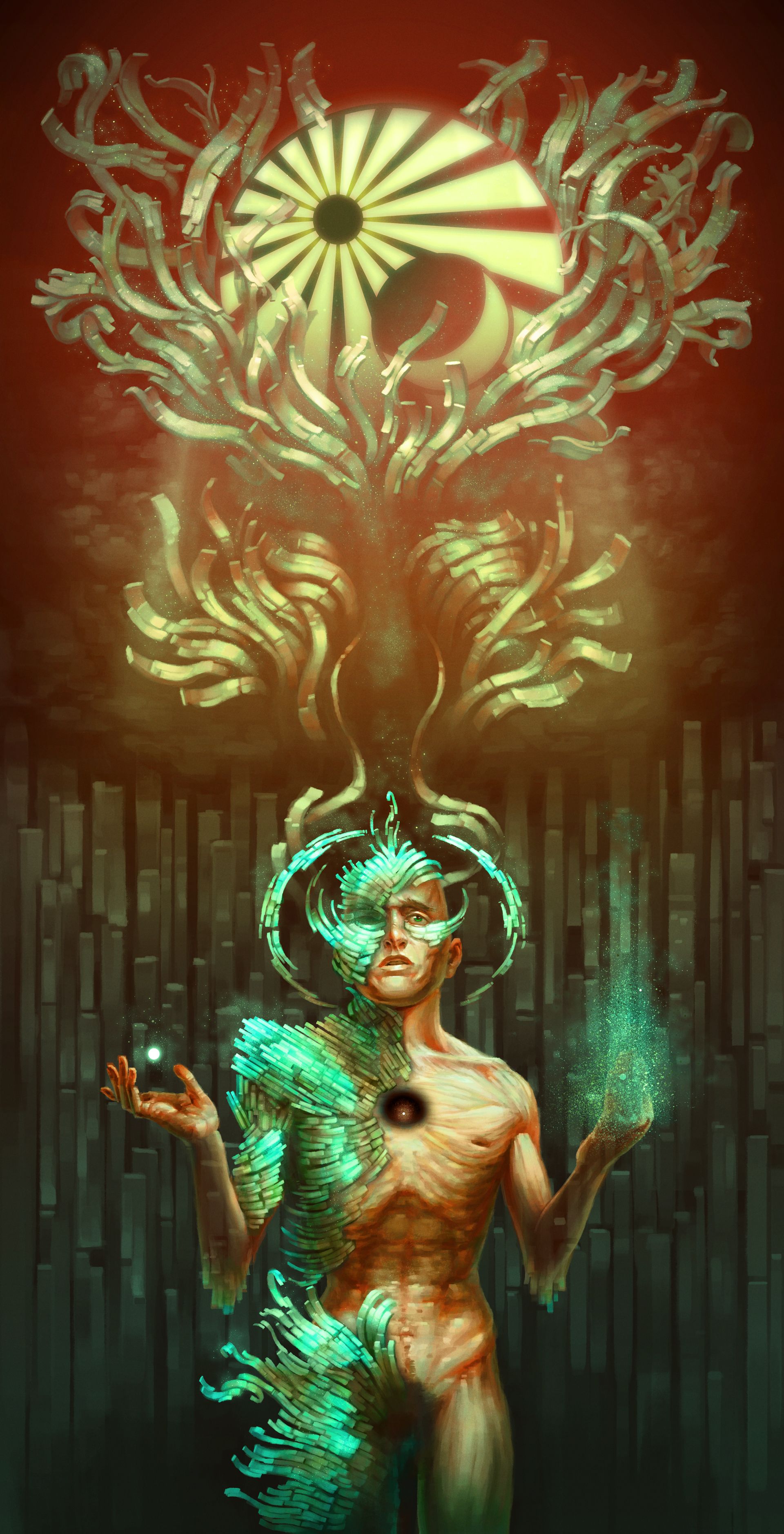 Fennory, an original character, is being slowly consumed by living crystal, his body wasting away