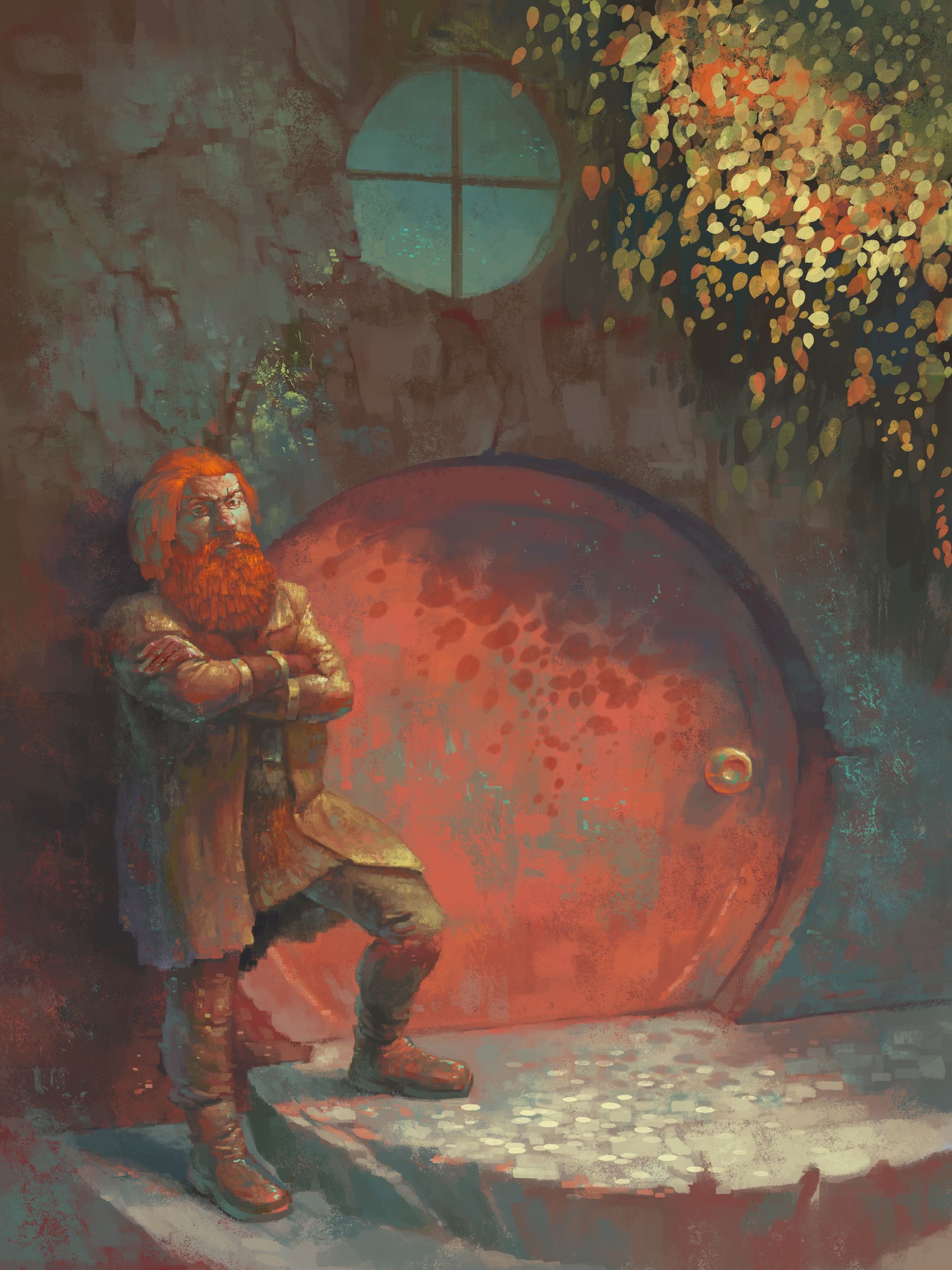 Berned, an original character, stands in front of the circular red door to his house, his arms crossed