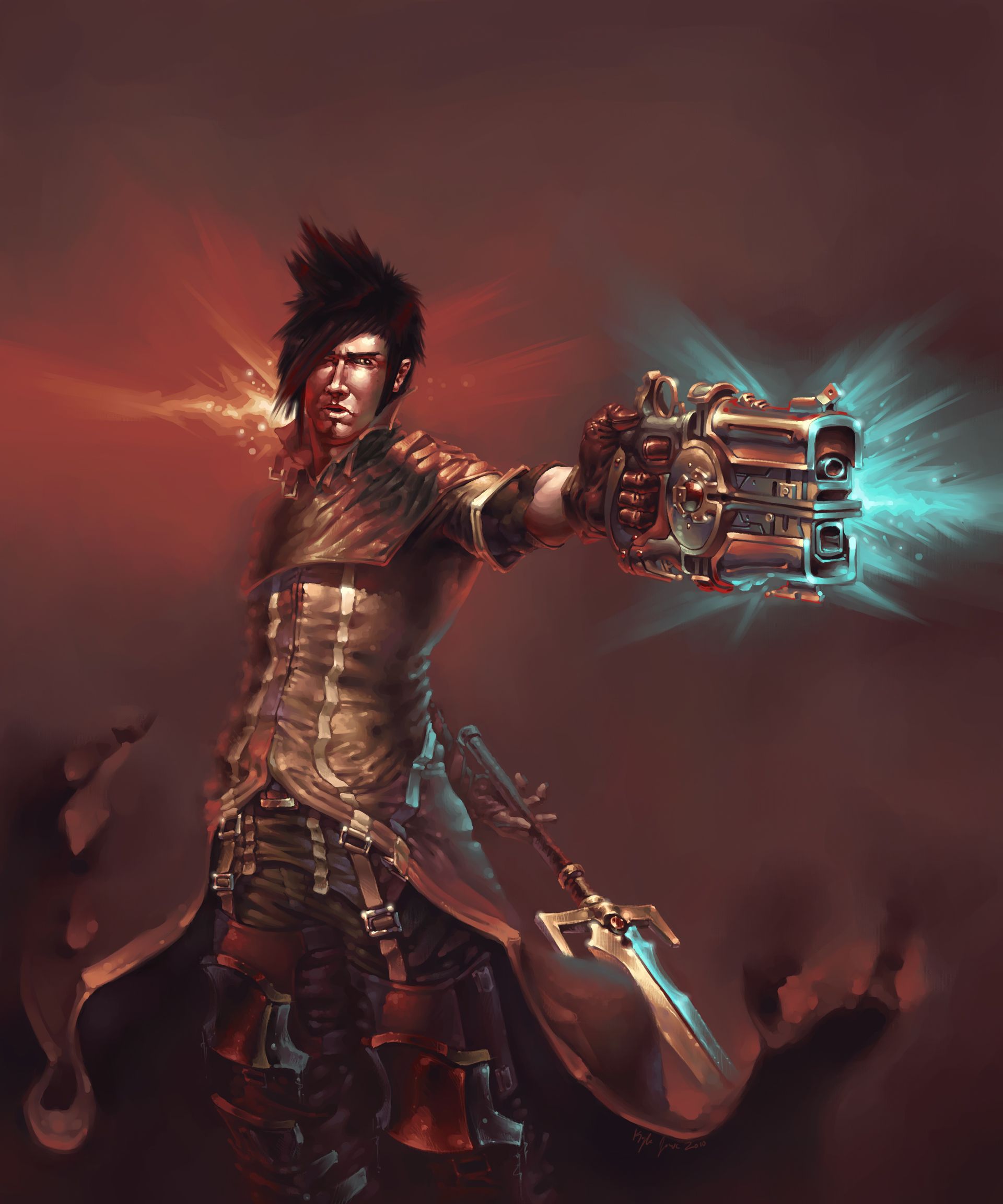 An illustration of Crow, an original character by Kyle Jorve, holding a sci-fi gun and a sword