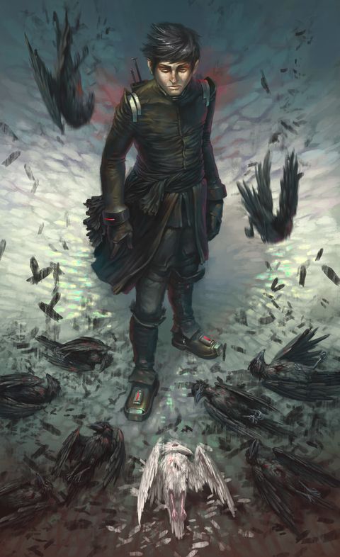 An illustration of Crow, an original character by Kyle Jorve, standing before a cluster of dead ravens as more fall from the sky; a dead white raven rests at his feet