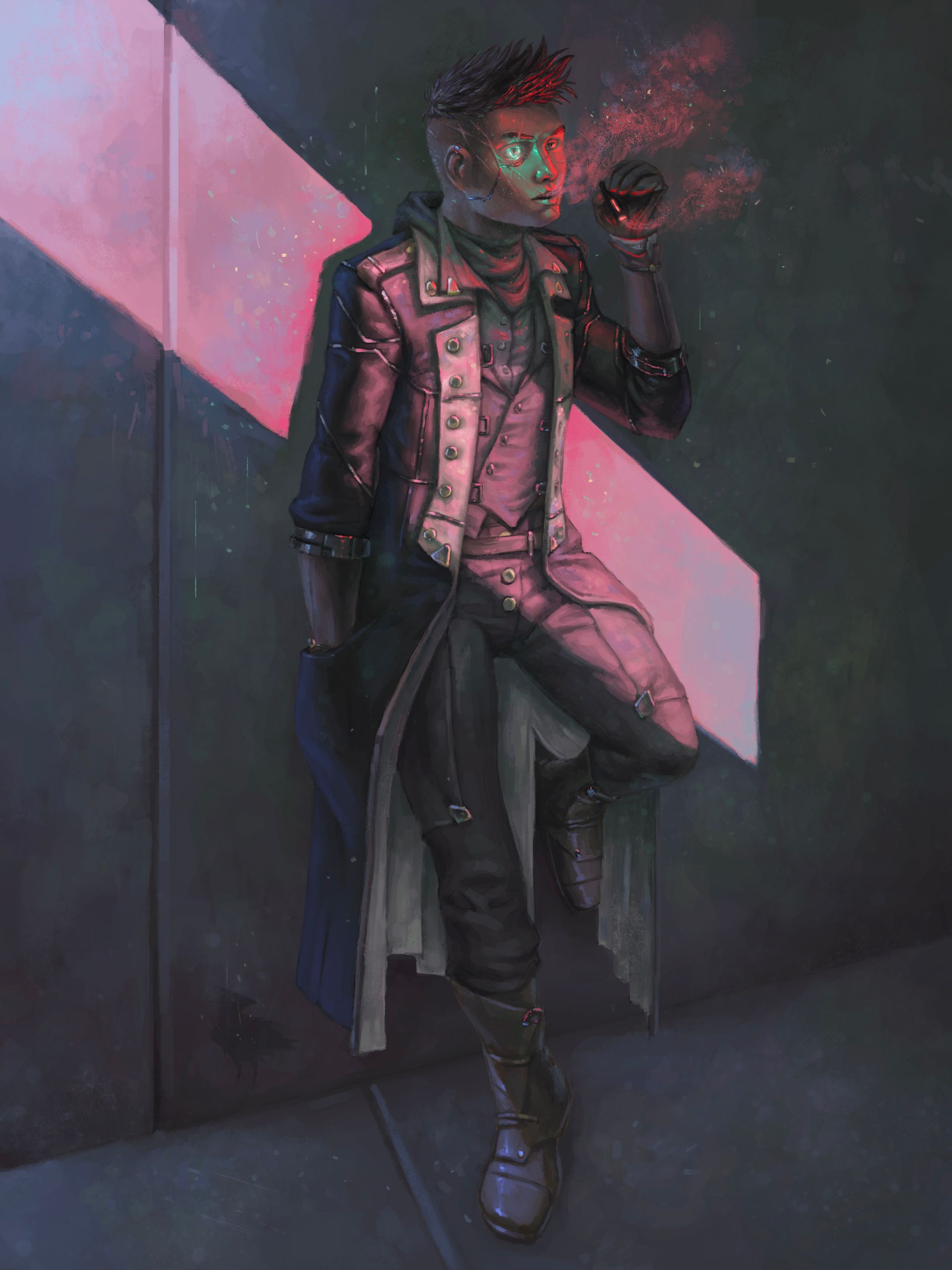 An illustration of Crow, an original character by Kyle Jorve, standing against a wall smoking an e-cigarette, his mechanical right eye glowing green