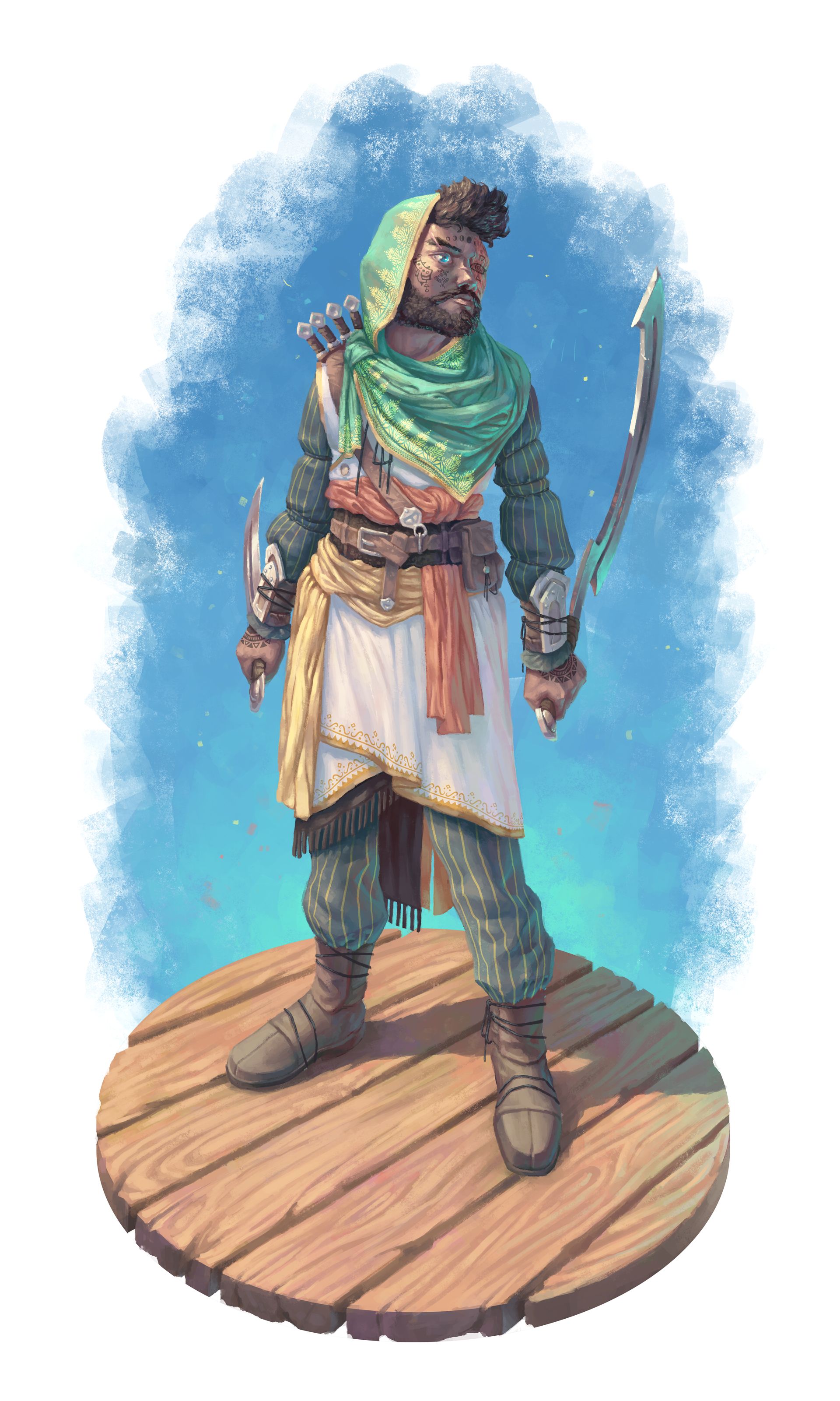 Cargha Bezamik, an original character by Kyle Jorve, stands holding a khopesh and dagger