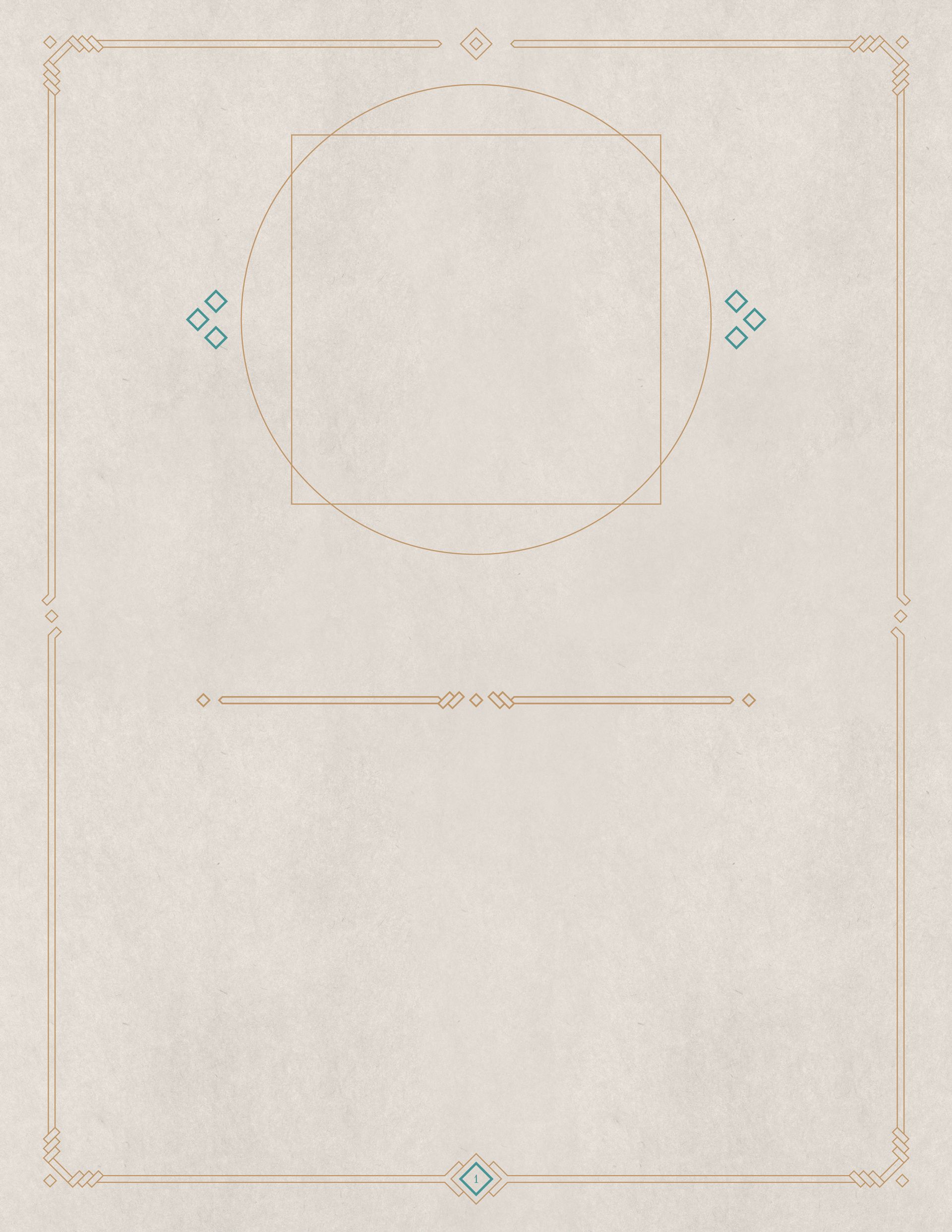 A book page layout design, with a circle at the top for a portrait to fill and stylized lines to enforce margins and page title placement
