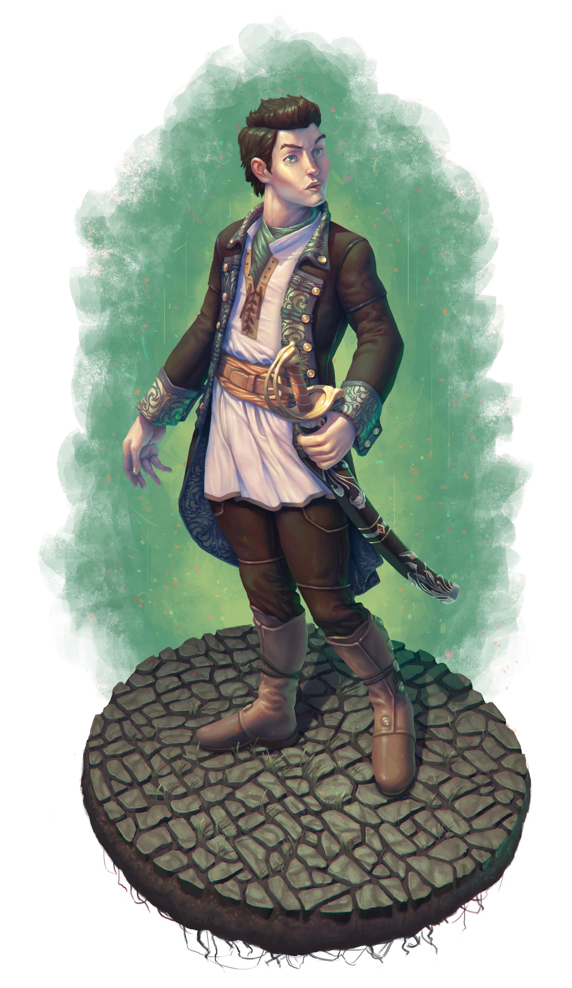 Lord Pendrake Sommer, an original character by Kyle Jorve, looks back with a puzzled expression while gripping the handle of his saber