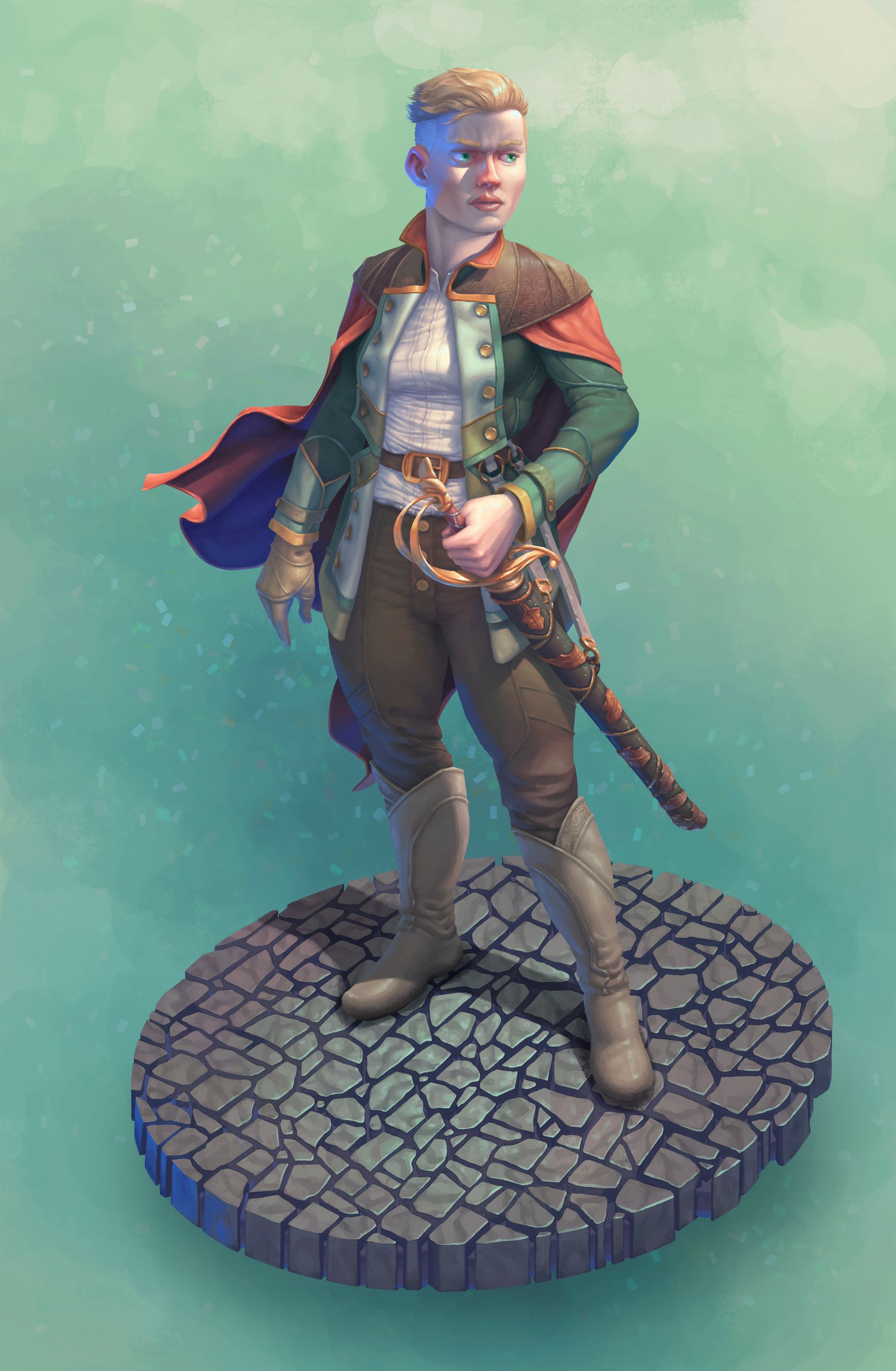 Captain Samil Sealee, an original character by Kyle Jorve, looks apprehensively out of frame while gripping the handle of her saber