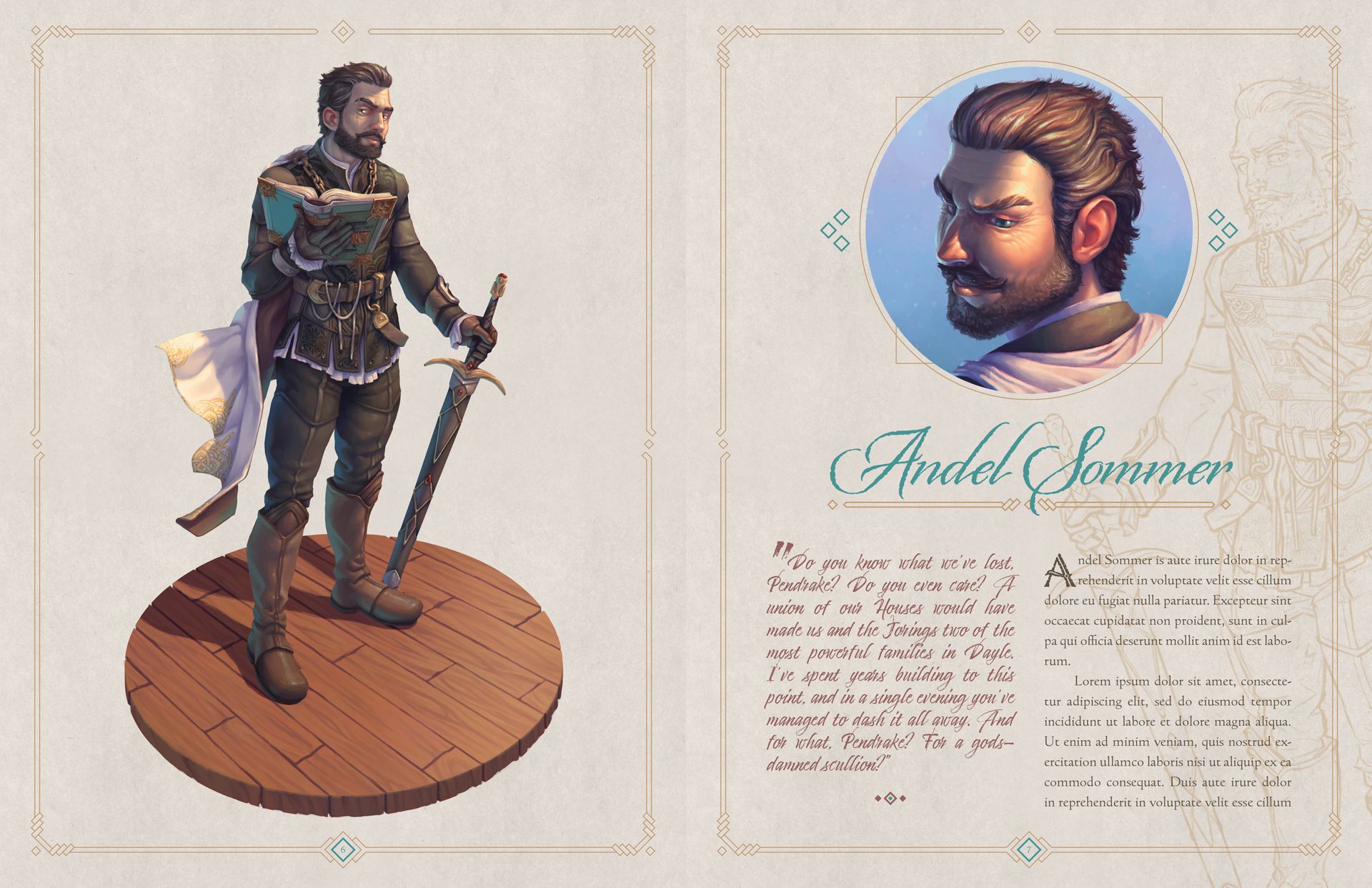 A spread of a book in which Kyle Jorve's original character Andel Sommer is depicted and profiled