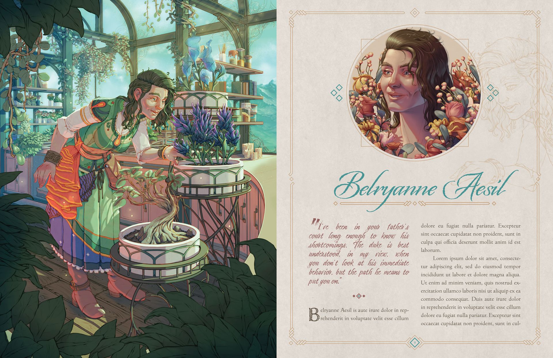 A spread of a book in which Kyle Jorve's original character Belryanne Aesil is depicted and profiled