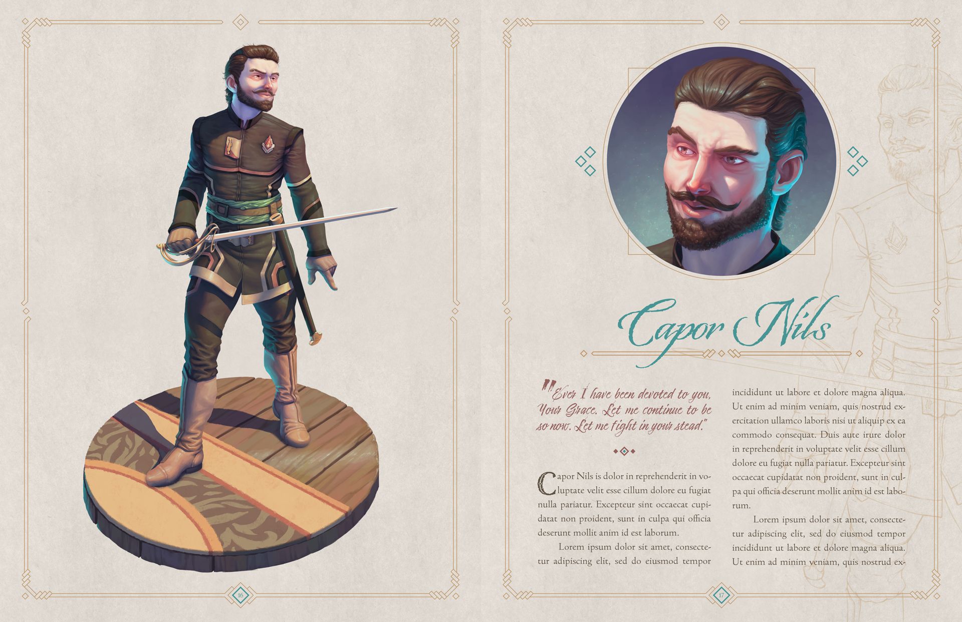 A spread of a book in which Kyle Jorve's original character Capor Nils is depicted and profiled