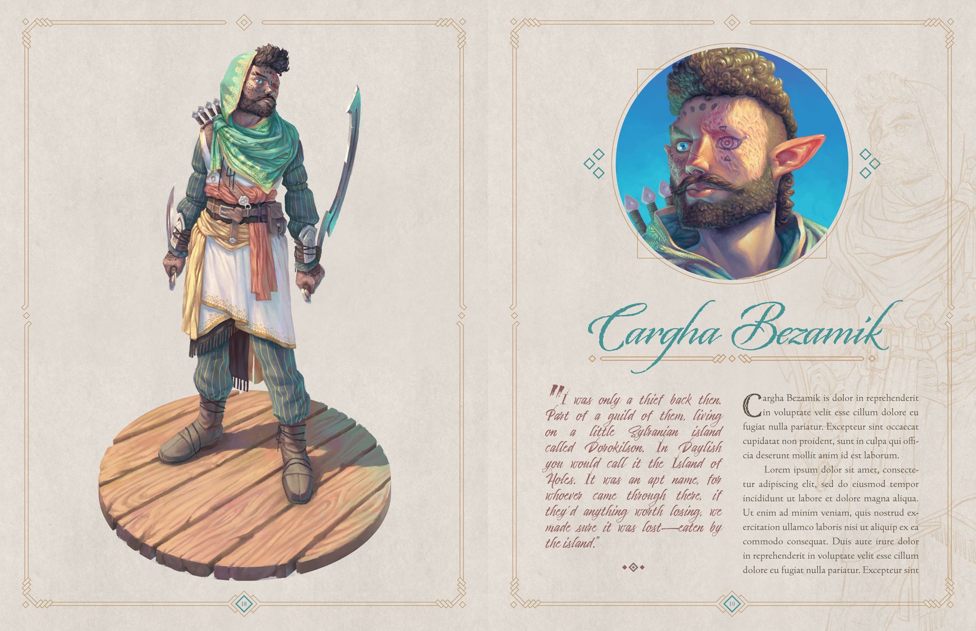 A spread of a book in which Kyle Jorve's original character Cargha Bezamik is depicted and profiled