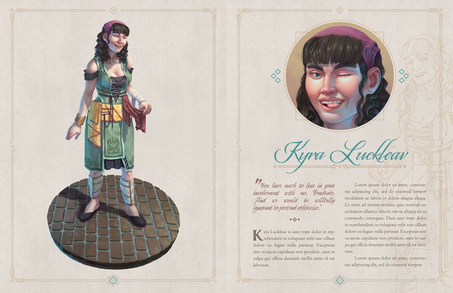 A spread of a book in which Kyle Jorve's original character Kyra Luckleav is depicted and profiled