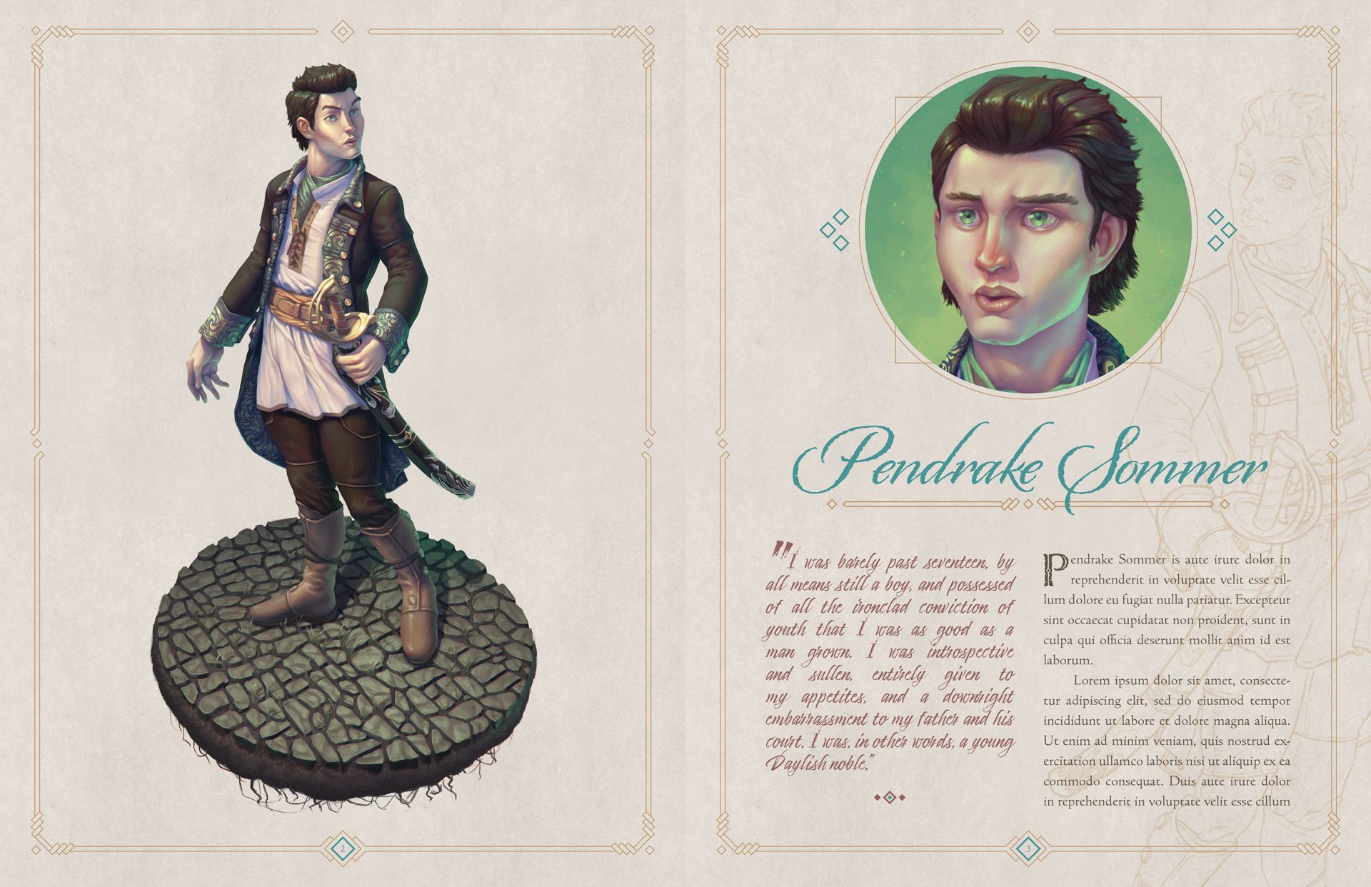 A spread of a book in which Kyle Jorve's original character Pendrake Sommer is depicted and profiled
