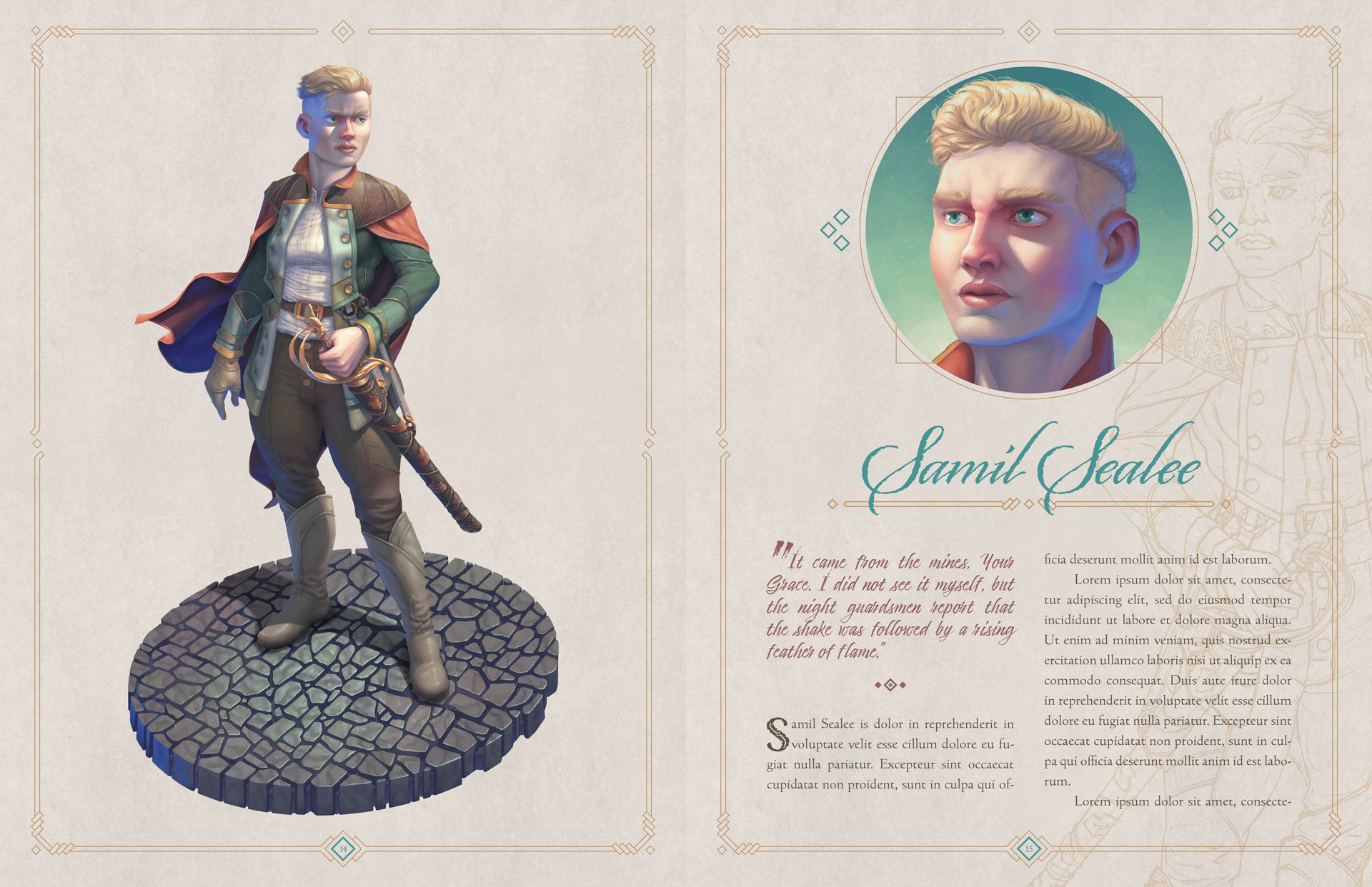 A spread of a book in which Kyle Jorve's original character Samil Sealee is depicted and profiled