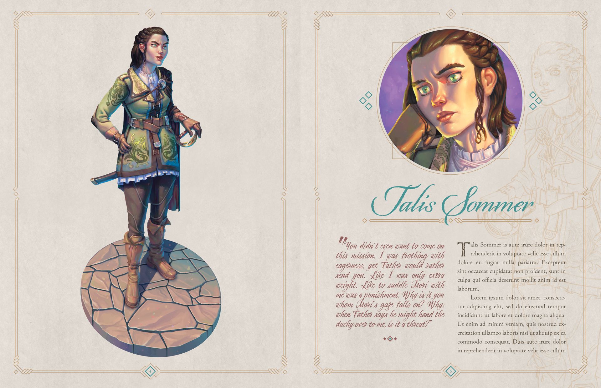 A spread of a book in which Kyle Jorve's original character Talis Sommer is depicted and profiled