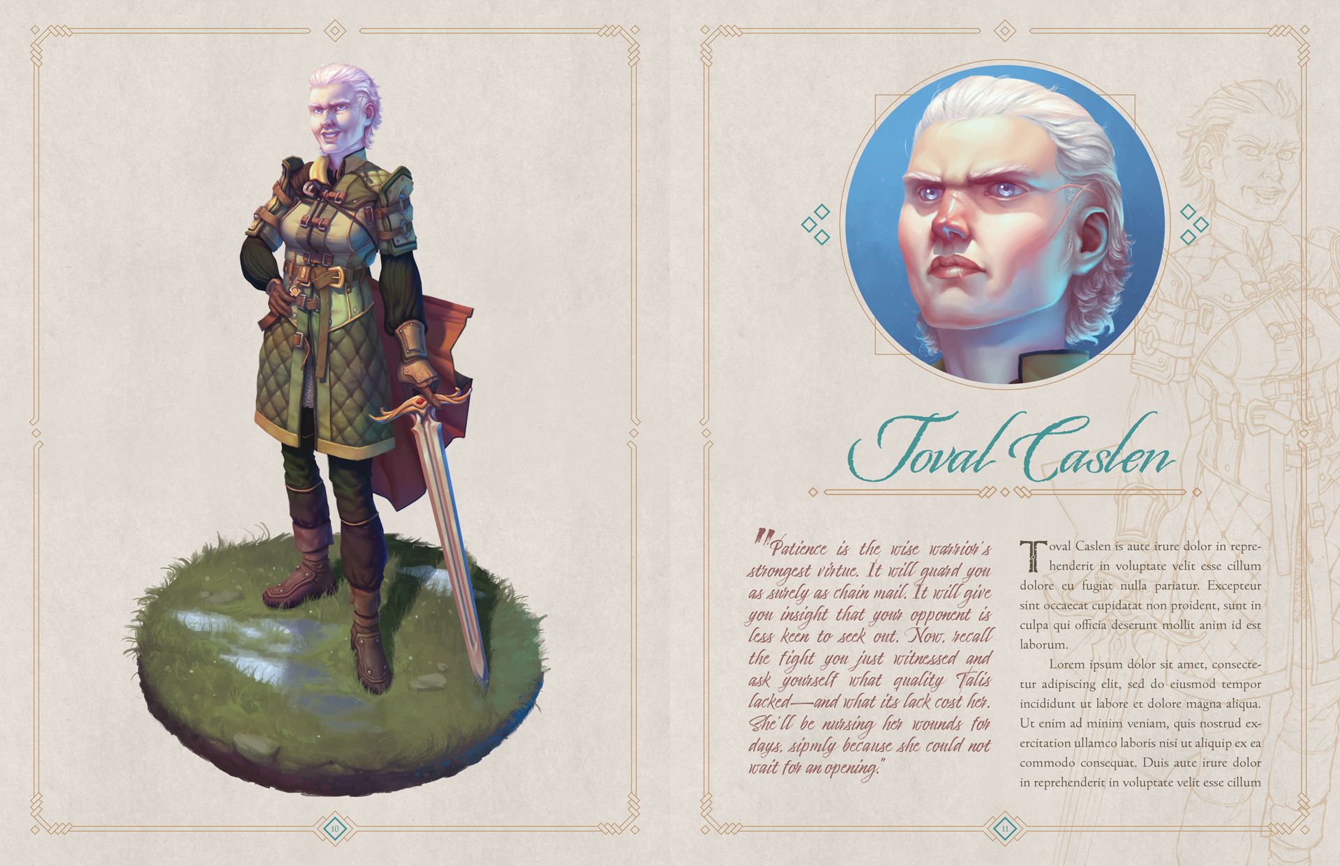 A spread of a book in which Kyle Jorve's original character Toval Caslen is depicted and profiled