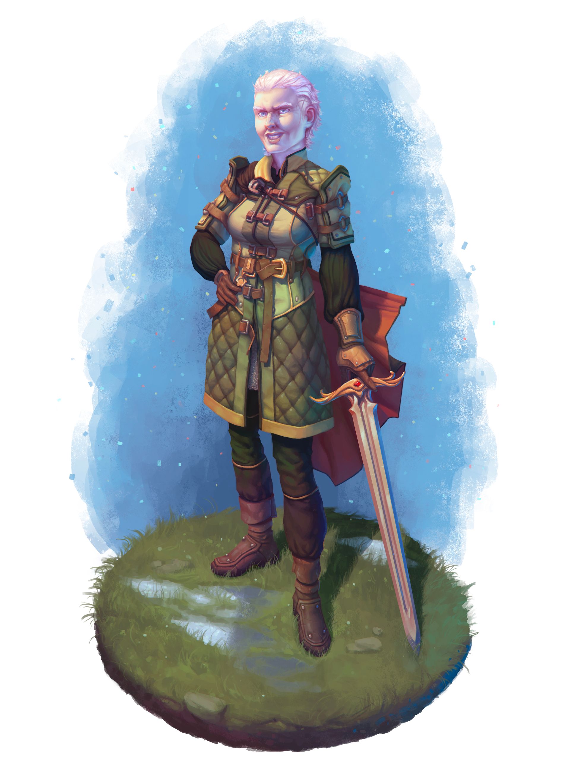 Lieutenant Toval Caslen, an original character by Kyle Jorve, looks menacingly toward the viewer while pointing a sword toward the ground