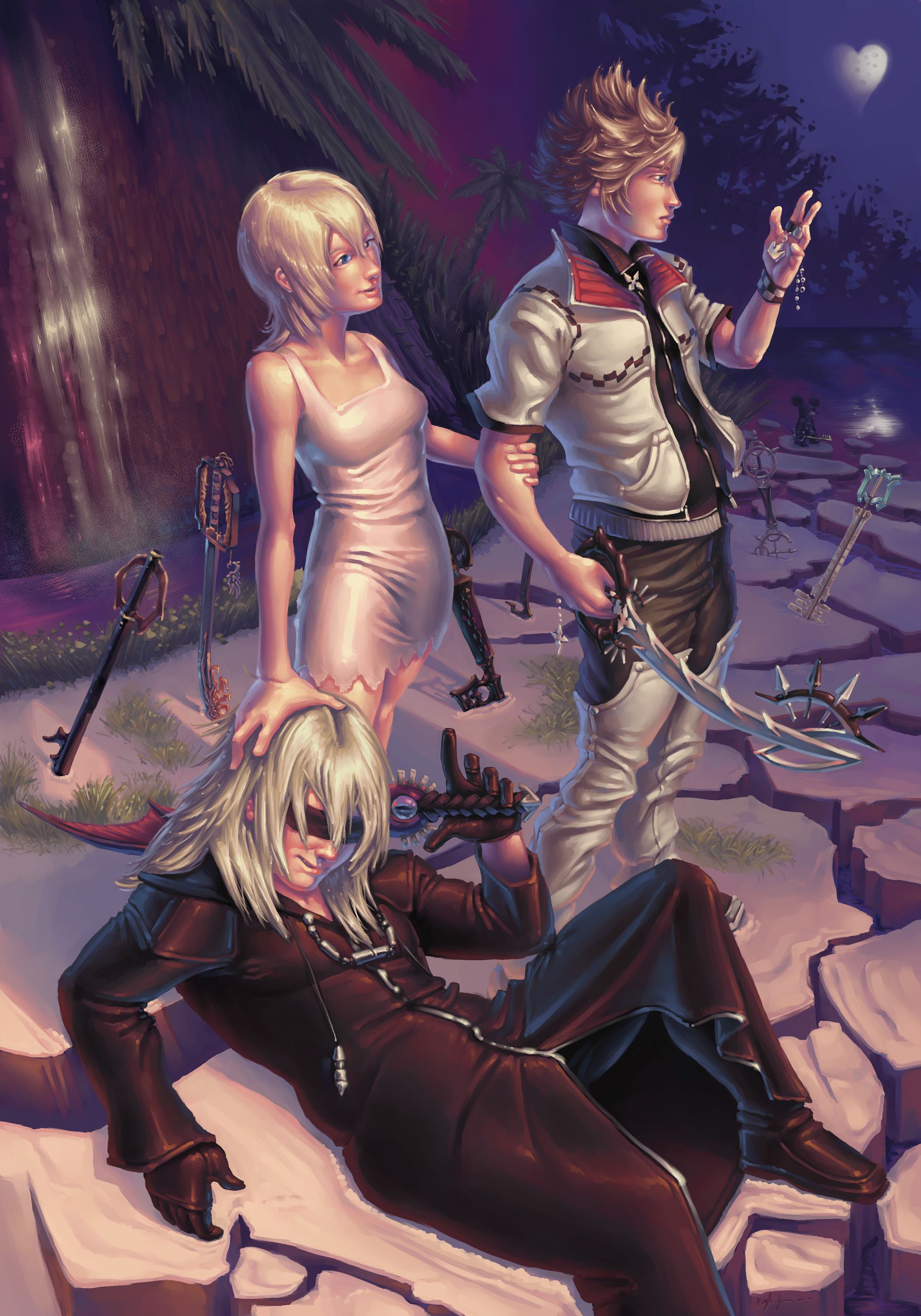 Riku, Namine, and Roxas stand on a dark, destroyed beach on Destiny Island; fissures crack the landscape; Mickey stands hidden in the distance; a heart-shaped moon glows overhead