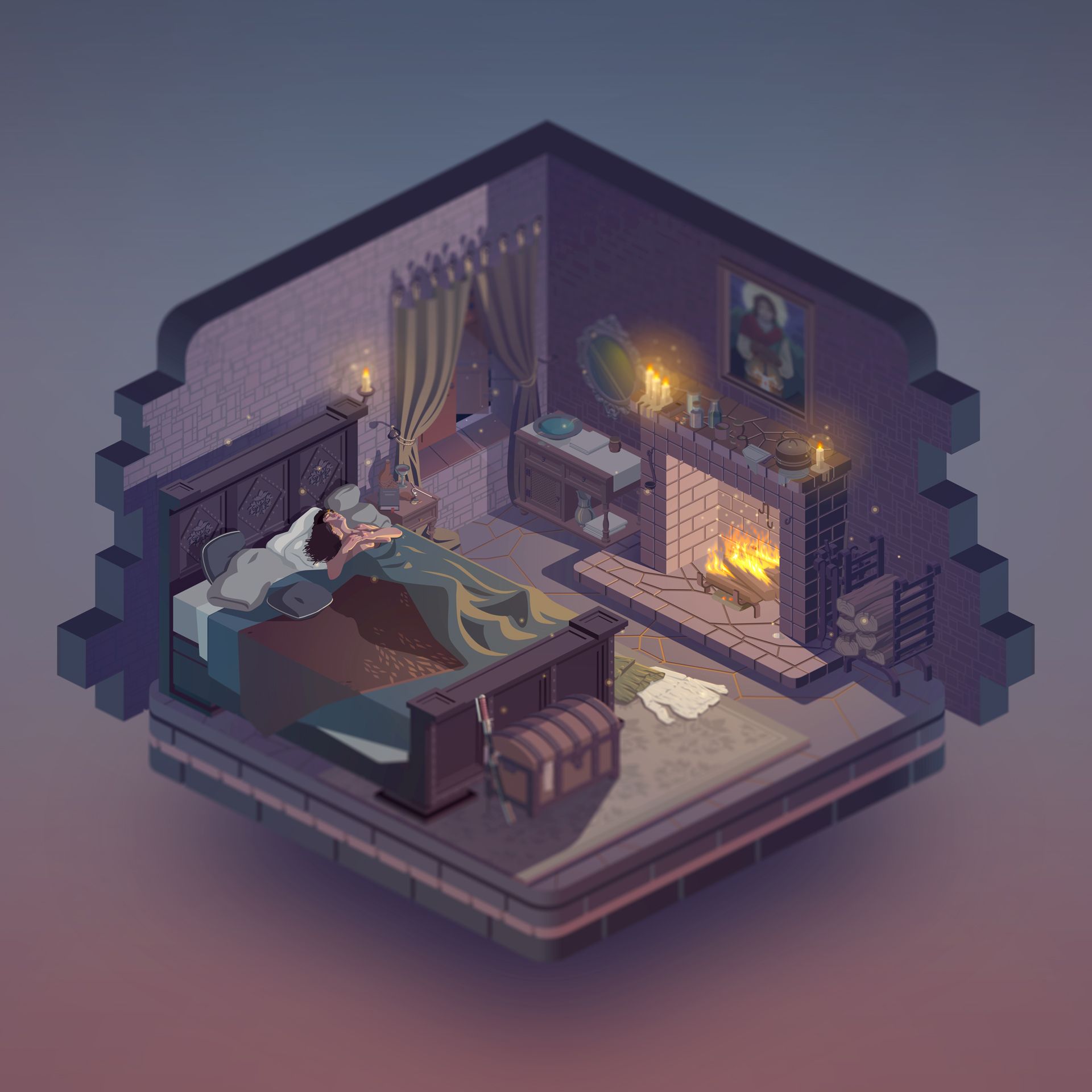 A dioramic illustration of a firelit castle bedchamber at night