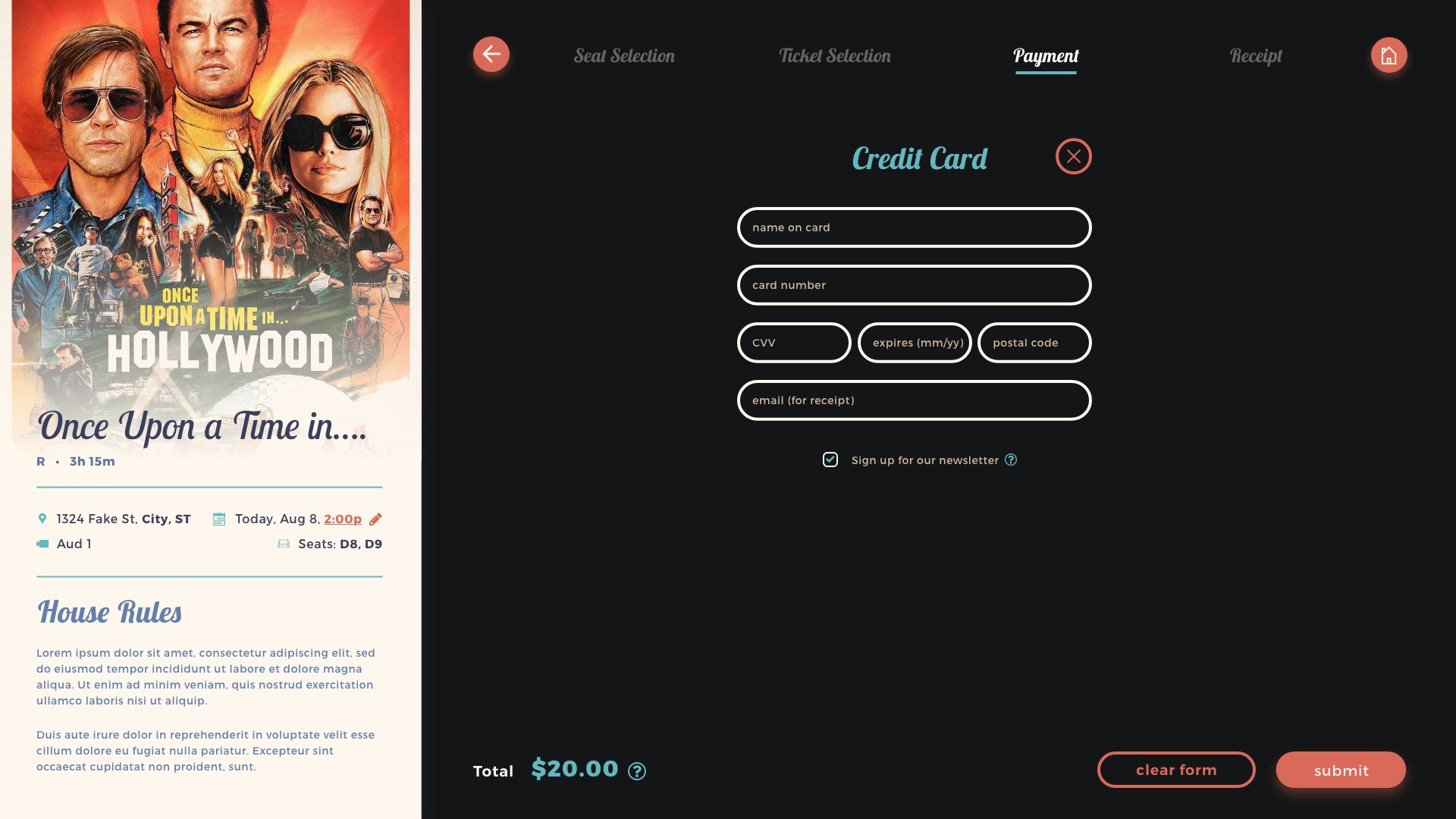 A design for the payment step of Showplace Cinemas' website's checkout process