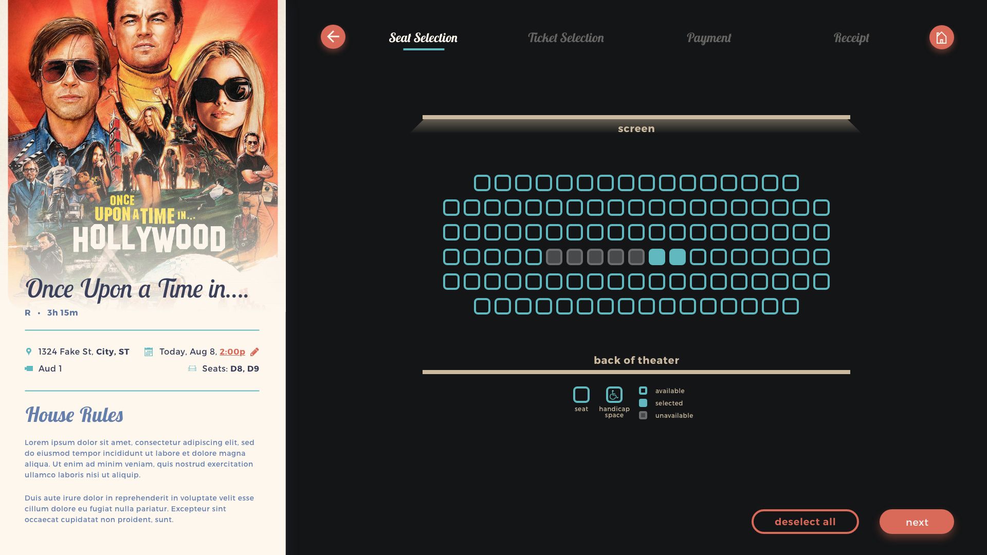 A design for the seat selection step of Showplace Cinemas' website's checkout process