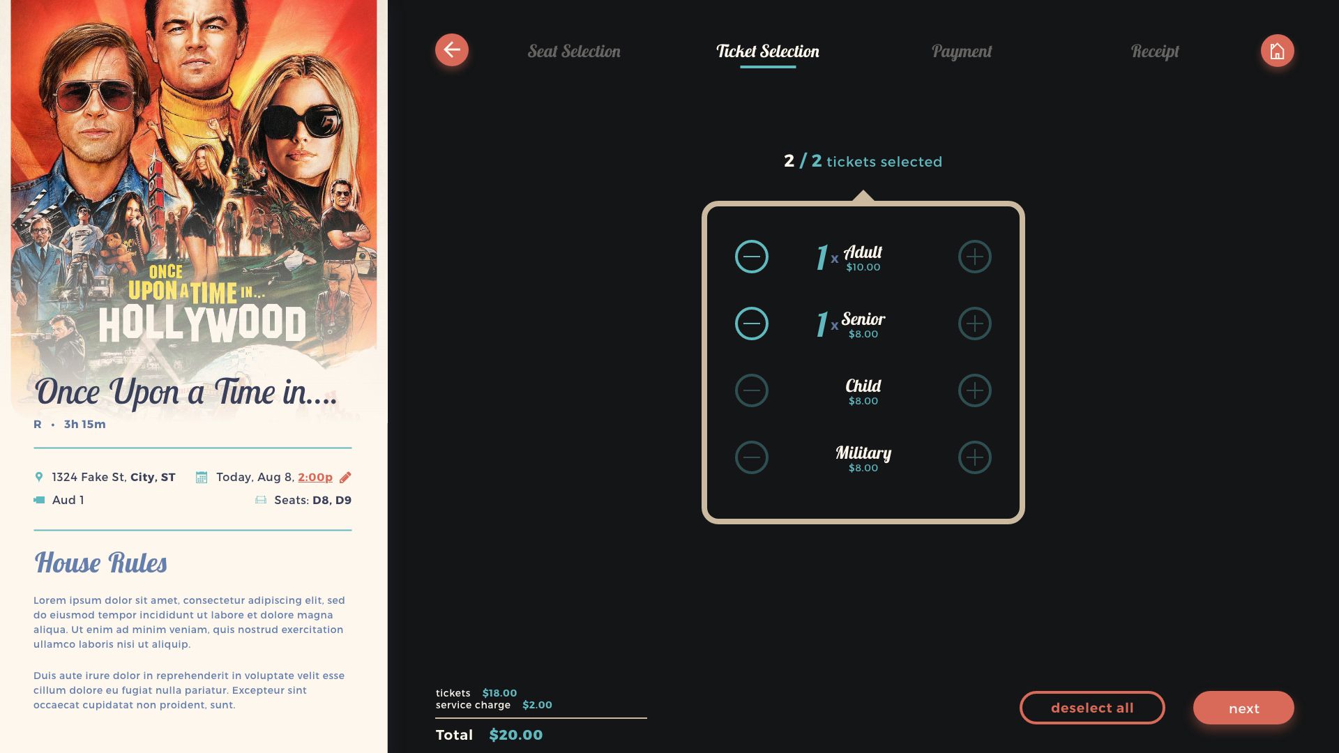 A design for the ticket type selection step of Showplace Cinemas' website's checkout process