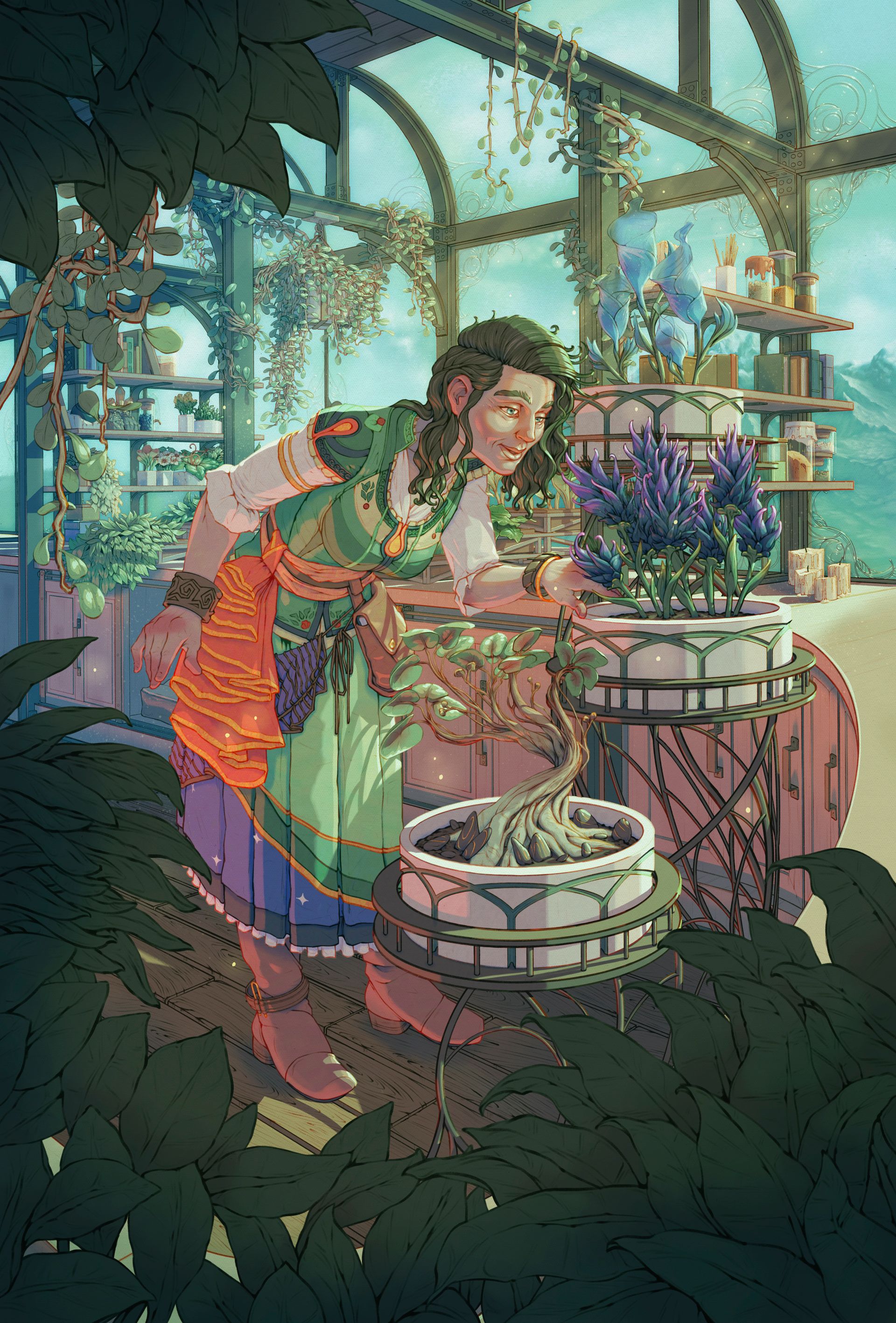 An original character, Belryanne, stands in her greenhouse garden, leaning over a pot of flowers to inspect them
