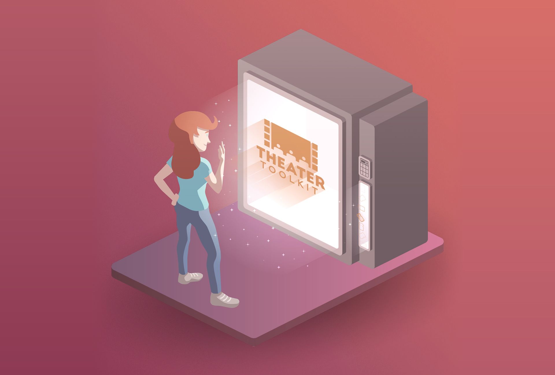 A dioramic illustration of a woman standing in front of a vending machine