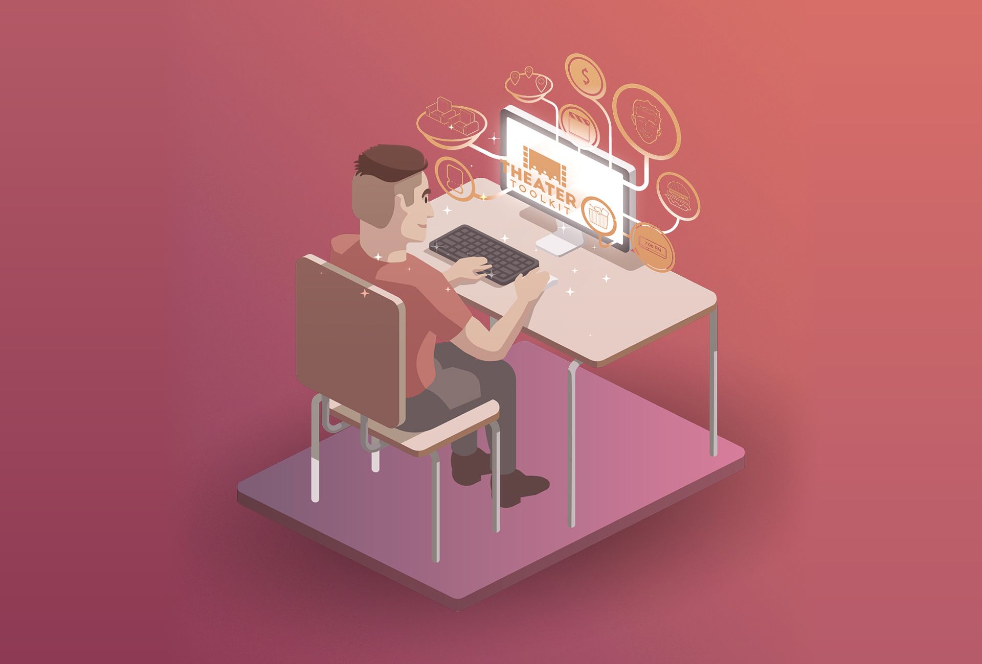 A dioramic illustration of a man sitting in front of a computer, with the Theater Toolkit logo and several icons exploding out of the screen