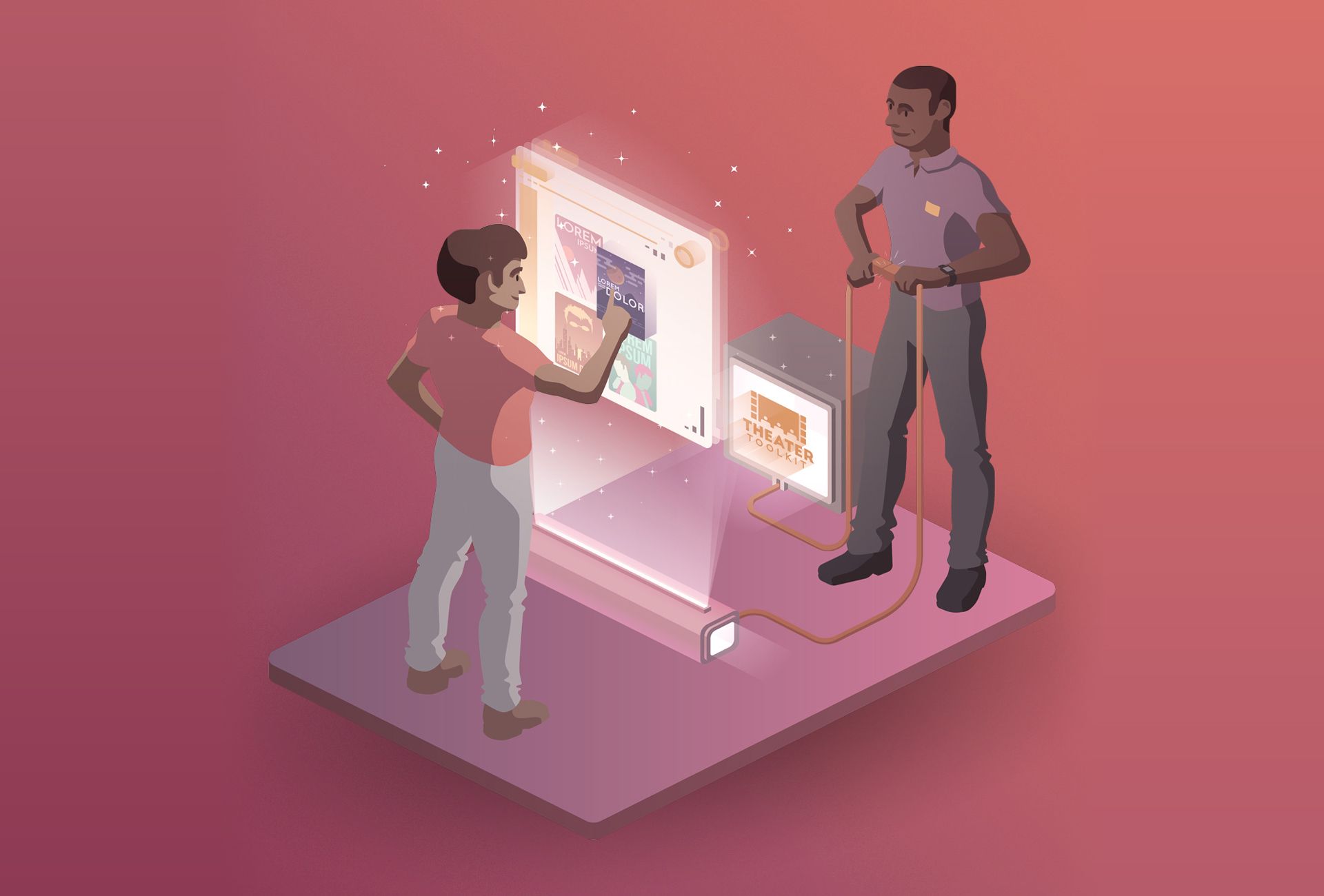 A dioramic, stylized illustration of a theater owner integrating Theater Toolkit with his website and watching a customer interact with it