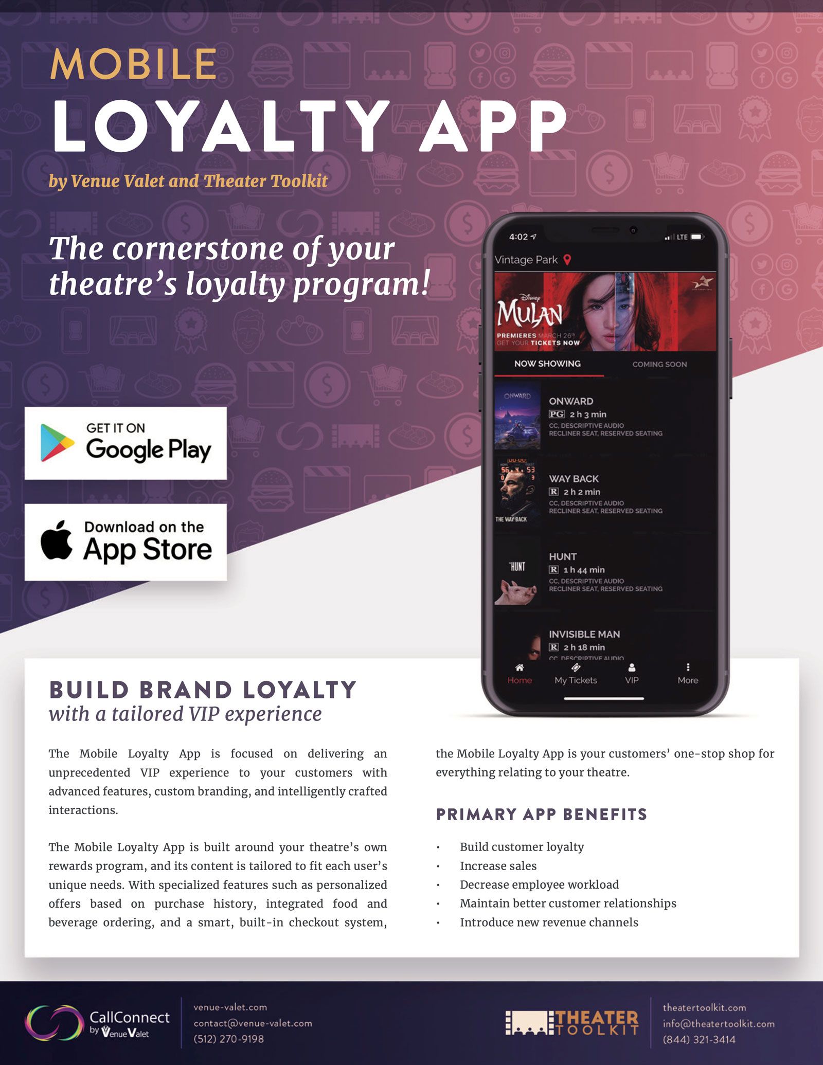 A flyer design to advertise Venue Valet and Theater Toolkit's loyalty app