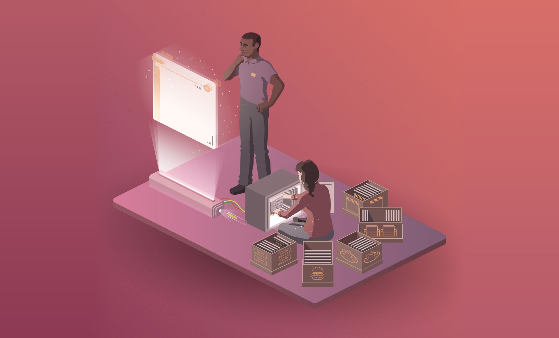 A dioramic, stylized illustration of a theater owner watching a developer integrate Theater Toolkit with his point of sale system