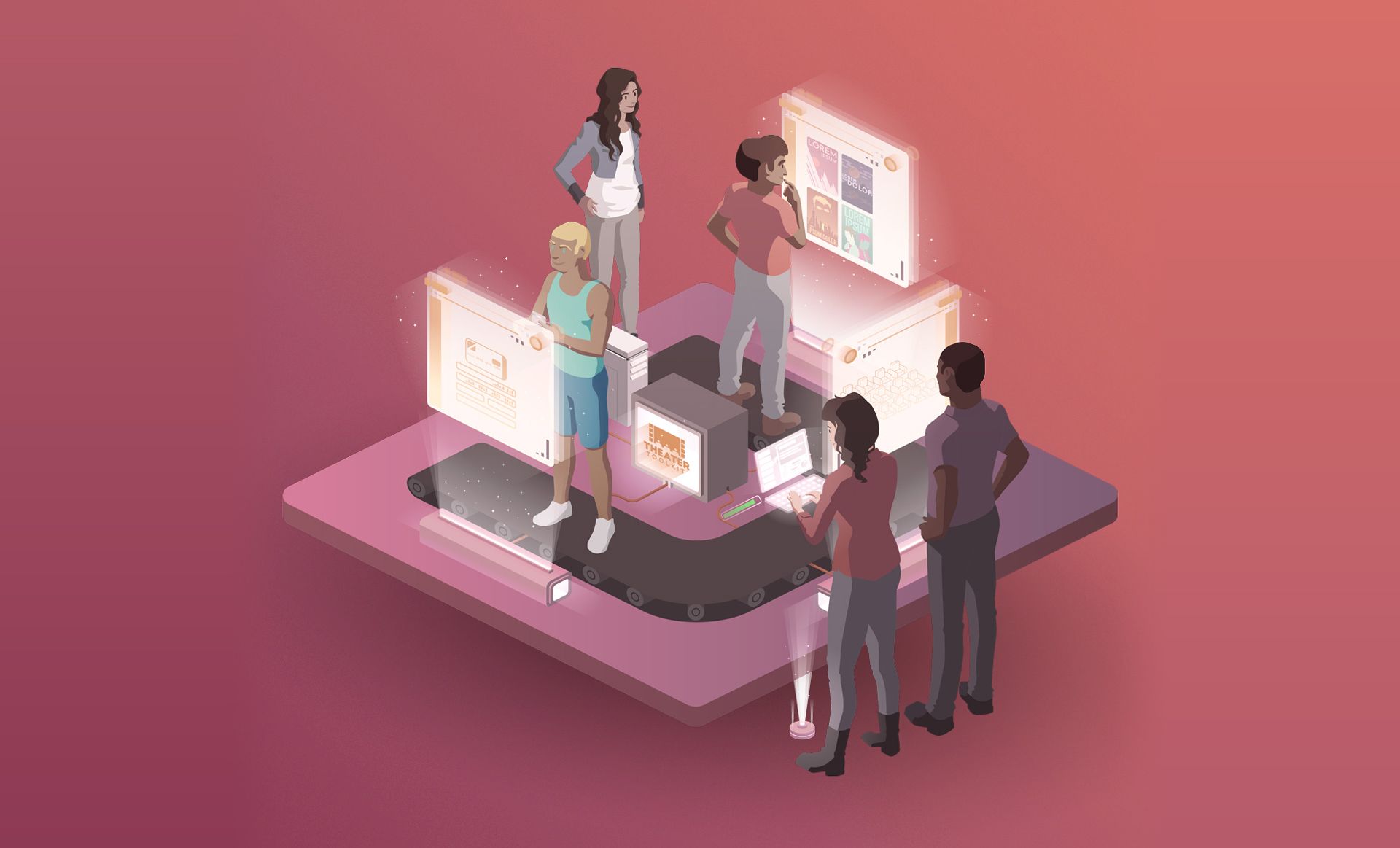 A dioramic, stylized illustration of a theater owner and developer working together to test and optimize the Theater Toolkit system