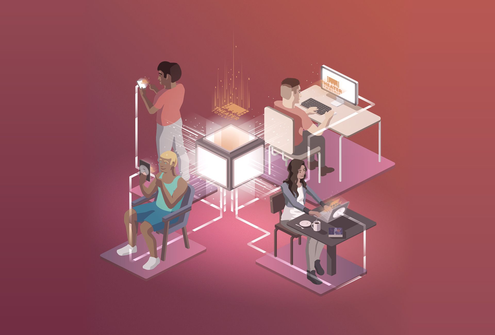 A dioramic, stylized illustration of the Theater Toolkit system beaming out to a variety of devices