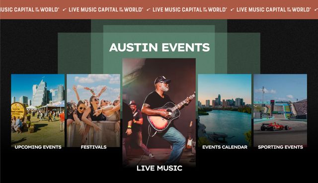 A screenshot of the Visit Austin website's custom callout tiles