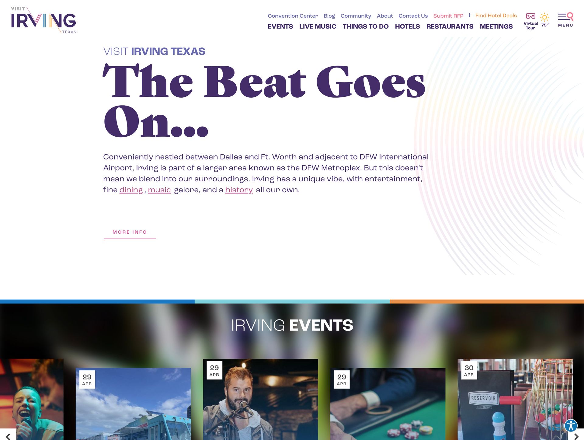 A screenshot of the intro section of the Visit Irving website's home page