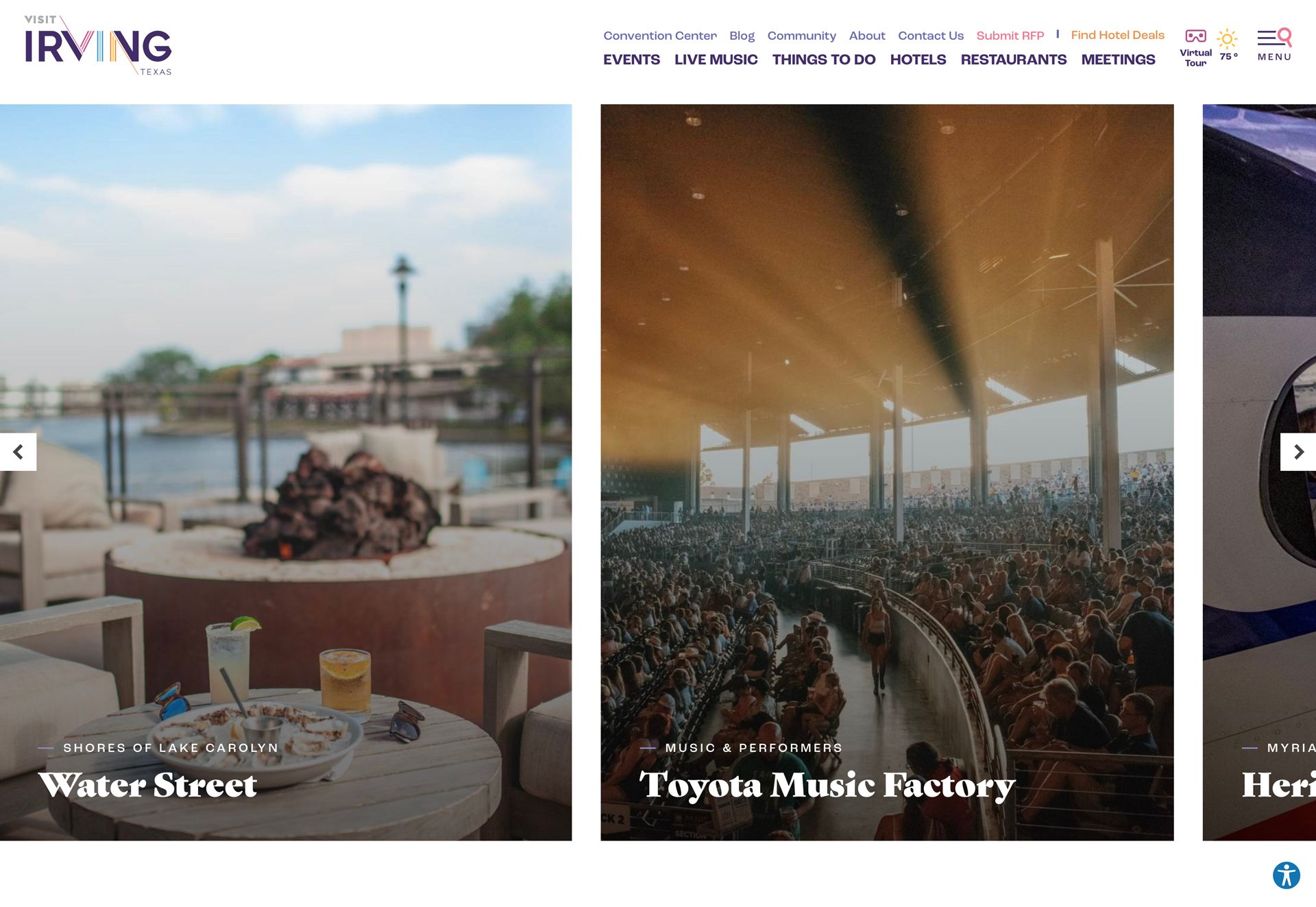 A screenshot of the Visit Irving website's preview slideshow