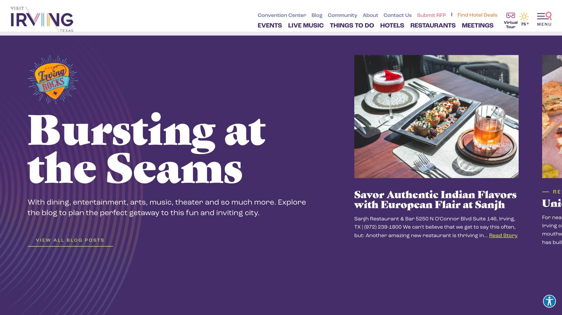 A screenshot of the Visit Irving website's side-scrolling editorial widget