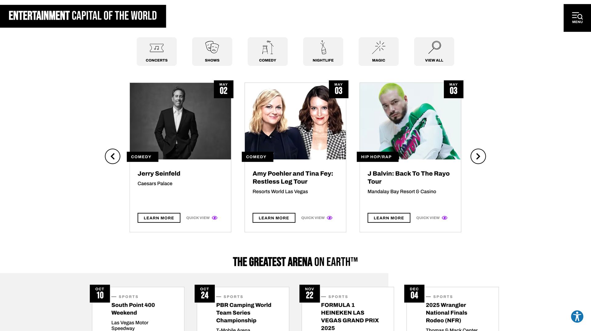 A screenshot of the events slideshow of Visit Las Vegas's website