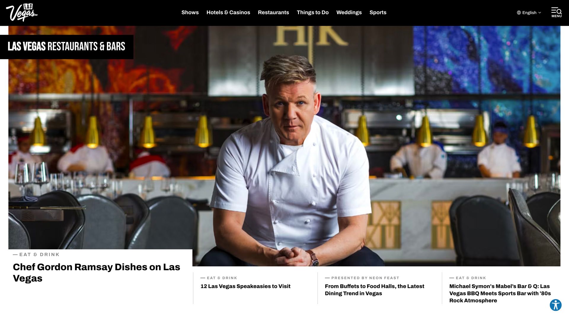 A screenshot of the Restaurants page of Visit Las Vegas's website